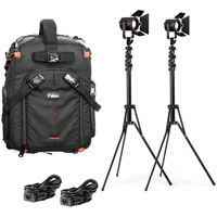All Weather 2 P180E Light Compact Kit. Includes 2x P180E , Stands, Barndoors, and Backpack